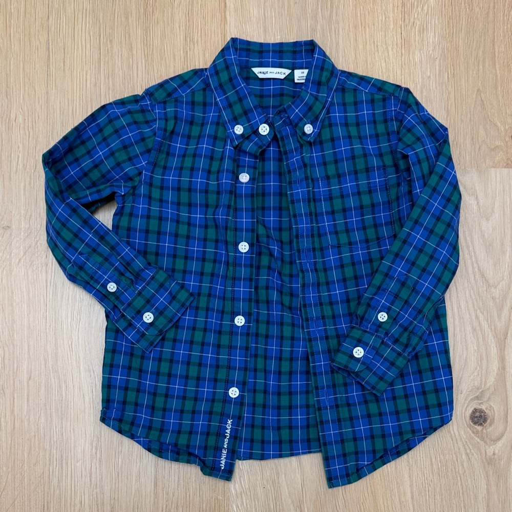 Janie and Jack Blue and Green Plaid Button Down Shirt